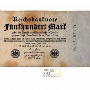 Saksamaa Reichsbanknote 500 mark 1922 a. 260120-317